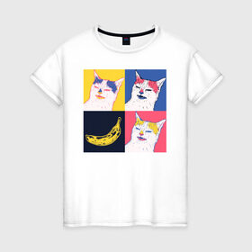 Женская футболка хлопок с принтом BanaNO в Петрозаводске, 100% хлопок | прямой крой, круглый вырез горловины, длина до линии бедер, слегка спущенное плечо | cat | абстракция | банан | бананы | кот | котики | прикол | прикольная | хлопок