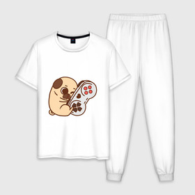 Мужская пижама хлопок с принтом Мопс Игроман в Петрозаводске, 100% хлопок | брюки и футболка прямого кроя, без карманов, на брюках мягкая резинка на поясе и по низу штанин
 | 