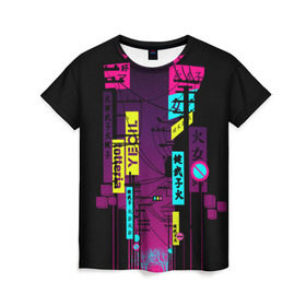 Женская футболка 3D с принтом Неоновый город в Петрозаводске, 100% полиэфир ( синтетическое хлопкоподобное полотно) | прямой крой, круглый вырез горловины, длина до линии бедер | кислотные костюмы | кислотные цвета | неон | флуоресцентные принты