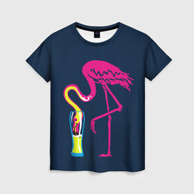 Женская футболка 3D с принтом Кислотный фламинго в Петрозаводске, 100% полиэфир ( синтетическое хлопкоподобное полотно) | прямой крой, круглый вырез горловины, длина до линии бедер | Тематика изображения на принте: кислотные костюмы | кислотные цвета | неон | флуоресцентные принты