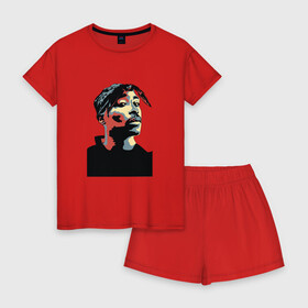 Женская пижама с шортиками хлопок с принтом THUG 2pac в Петрозаводске, 100% хлопок | футболка прямого кроя, шорты свободные с широкой мягкой резинкой | 2pac | gansta | hip hop | oldschool | thug | гангстер | рэп | тупак | хип хоп