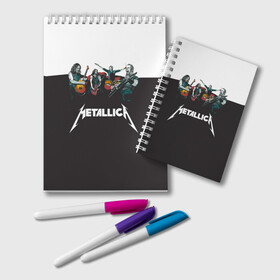 Блокнот с принтом Metallica в Петрозаводске, 100% бумага | 48 листов, плотность листов — 60 г/м2, плотность картонной обложки — 250 г/м2. Листы скреплены удобной пружинной спиралью. Цвет линий — светло-серый
 | metallica | барабаны | гитары | дэйвмастейн | метал | металисты | металлика | неформалы | рок | рокеры