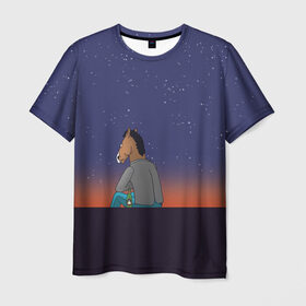 Мужская футболка 3D с принтом Конь Бо Джек в Петрозаводске, 100% полиэфир | прямой крой, круглый вырез горловины, длина до линии бедер | конь бо джек | мультфильм | ночь