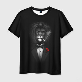 Мужская футболка 3D с принтом Лев в Петрозаводске, 100% полиэфир | прямой крой, круглый вырез горловины, длина до линии бедер | арт | бабочка | грива | дым | животное | костюм | лев | минимализм | роза | смокинг | хищник | царь зверей