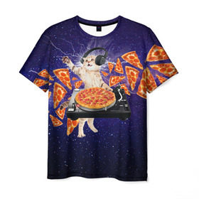 Мужская футболка 3D с принтом Пицца - Кот в Петрозаводске, 100% полиэфир | прямой крой, круглый вырез горловины, длина до линии бедер | cat | galaxy | lightning | pizza | грозовой кошак | диджей | космос | кот | котики | котэ | кошак | метеориты | молния | пицца | прикол | приколы с котами | прикольная