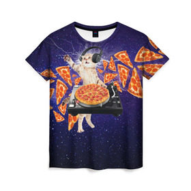 Женская футболка 3D с принтом Пицца - Кот в Петрозаводске, 100% полиэфир ( синтетическое хлопкоподобное полотно) | прямой крой, круглый вырез горловины, длина до линии бедер | cat | galaxy | lightning | pizza | грозовой кошак | диджей | космос | кот | котики | котэ | кошак | метеориты | молния | пицца | прикол | приколы с котами | прикольная