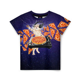 Детская футболка 3D с принтом Пицца - Кот в Петрозаводске, 100% гипоаллергенный полиэфир | прямой крой, круглый вырез горловины, длина до линии бедер, чуть спущенное плечо, ткань немного тянется | cat | galaxy | lightning | pizza | грозовой кошак | диджей | космос | кот | котики | котэ | кошак | метеориты | молния | пицца | прикол | приколы с котами | прикольная