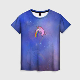 Женская футболка 3D с принтом Единорог, блюющий радугой в Петрозаводске, 100% полиэфир ( синтетическое хлопкоподобное полотно) | прямой крой, круглый вырез горловины, длина до линии бедер | bird born | блевать | единорог | иллюстратор | кот степан | коты | милота | радуга | тошнит