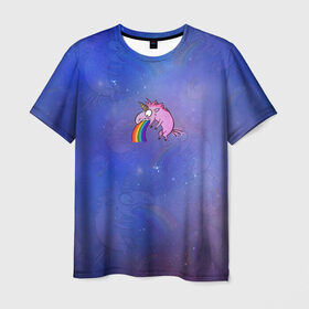 Мужская футболка 3D с принтом Единорог, блюющий радугой в Петрозаводске, 100% полиэфир | прямой крой, круглый вырез горловины, длина до линии бедер | bird born | блевать | единорог | иллюстратор | кот степан | коты | милота | радуга | тошнит