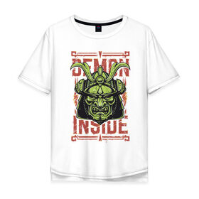 Мужская футболка хлопок Oversize с принтом Demon inside в Петрозаводске, 100% хлопок | свободный крой, круглый ворот, “спинка” длиннее передней части | Тематика изображения на принте: demon | green | inside | japan | ninja | samurai | внутри | демон | зеленый | ниндзя | самурай | япония