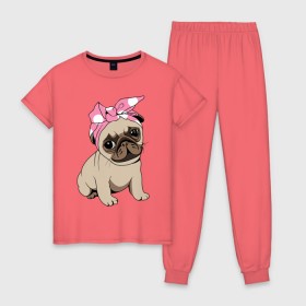 Женская пижама хлопок с принтом Собачка в Петрозаводске, 100% хлопок | брюки и футболка прямого кроя, без карманов, на брюках мягкая резинка на поясе и по низу штанин | dog | pug | мопс | собака