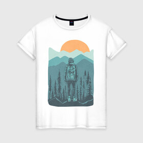 Женская футболка хлопок с принтом Adventure в Петрозаводске, 100% хлопок | прямой крой, круглый вырез горловины, длина до линии бедер, слегка спущенное плечо | moutains | sun | turism | горы | закат | приключения | природа | тундра | туризм