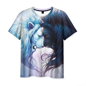 Мужская футболка 3D с принтом Lions love в Петрозаводске, 100% полиэфир | прямой крой, круглый вырез горловины, длина до линии бедер | love | день | лев | львиное сердце | любовь | ночь | сердце
