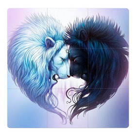 Магнитный плакат 3Х3 с принтом Lions love в Петрозаводске, Полимерный материал с магнитным слоем | 9 деталей размером 9*9 см | love | день | лев | львиное сердце | любовь | ночь | сердце