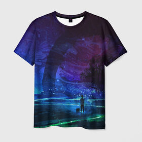 Мужская футболка 3D с принтом Парень и космос в Петрозаводске, 100% полиэфир | прямой крой, круглый вырез горловины, длина до линии бедер | galaxy | nebula | neon | space | star | абстракция | вселенная | галактика | звезда | звезды | космический | неон | неоновый | неоновый космос | планеты
