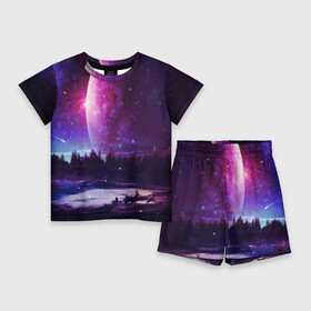 Детский костюм с шортами 3D с принтом Северный закат в Петрозаводске,  |  | galaxy | nebula | neon | space | star | абстракция | вселенная | галактика | звезда | звезды | космический | неон | неоновый | неоновый космос | планеты