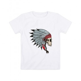Детская футболка хлопок с принтом Череп индейца в Петрозаводске, 100% хлопок | круглый вырез горловины, полуприлегающий силуэт, длина до линии бедер | голова | индеец | кость | скальп | скальпель | ужасы | хоррор | череп | черепок