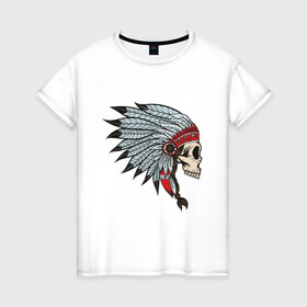 Женская футболка хлопок с принтом Череп индейца в Петрозаводске, 100% хлопок | прямой крой, круглый вырез горловины, длина до линии бедер, слегка спущенное плечо | голова | индеец | кость | скальп | скальпель | ужасы | хоррор | череп | черепок
