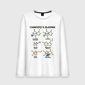 Мужской лонгслив хлопок с принтом Chemistry is awesome в Петрозаводске, 100% хлопок |  | Тематика изображения на принте: adrenaline | alcohol | caffeine | chocolate | happiness | love | адреналин | атомы | кофеин | любовь | молекулы | потрясающая. наука | связи | счастье | удивительная | химия | шоколад