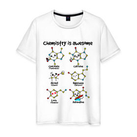 Мужская футболка хлопок с принтом Chemistry is awesome в Петрозаводске, 100% хлопок | прямой крой, круглый вырез горловины, длина до линии бедер, слегка спущенное плечо. | Тематика изображения на принте: adrenaline | alcohol | caffeine | chocolate | happiness | love | адреналин | атомы | кофеин | любовь | молекулы | потрясающая. наука | связи | счастье | удивительная | химия | шоколад