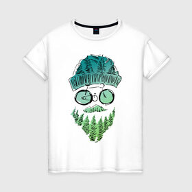 Женская футболка хлопок с принтом Mountain man в Петрозаводске, 100% хлопок | прямой крой, круглый вырез горловины, длина до линии бедер, слегка спущенное плечо | борода | велосипед | горы | лес | лицо | очки | путешествия | турист | усы | шапка