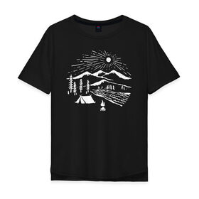 Мужская футболка хлопок Oversize с принтом Поход в Петрозаводске, 100% хлопок | свободный крой, круглый ворот, “спинка” длиннее передней части | горы | костёр | лес | озеро | палатка | приключения | природа | путешествие | речка | солнце | турист