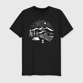 Мужская футболка премиум с принтом Поход в Петрозаводске, 92% хлопок, 8% лайкра | приталенный силуэт, круглый вырез ворота, длина до линии бедра, короткий рукав | горы | костёр | лес | озеро | палатка | приключения | природа | путешествие | речка | солнце | турист