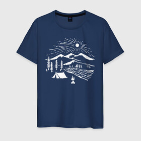 Мужская футболка хлопок с принтом Поход в Петрозаводске, 100% хлопок | прямой крой, круглый вырез горловины, длина до линии бедер, слегка спущенное плечо. | горы | костёр | лес | озеро | палатка | приключения | природа | путешествие | речка | солнце | турист