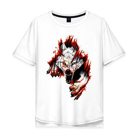 Мужская футболка хлопок Oversize с принтом Волк из груди в Петрозаводске, 100% хлопок | свободный крой, круглый ворот, “спинка” длиннее передней части | волчок | зверь | клыки | когти | кровь | оскал | плоть | хищник