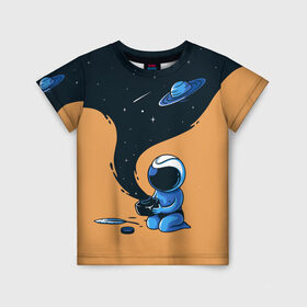 Детская футболка 3D с принтом Космонавт и чернила в Петрозаводске, 100% гипоаллергенный полиэфир | прямой крой, круглый вырез горловины, длина до линии бедер, чуть спущенное плечо, ткань немного тянется | nasa | астронавт | астрономия | вселенная | звёзды | комета | космос | перо | планеты | скафандр | чернильница
