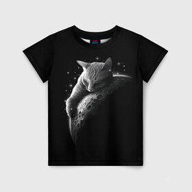 Детская футболка 3D с принтом Спящий Кот на Луне в Петрозаводске, 100% гипоаллергенный полиэфир | прямой крой, круглый вырез горловины, длина до линии бедер, чуть спущенное плечо, ткань немного тянется | вселенная | звезды | космос | котейка | котенок | котэ | котя | лапочка | луна | милый | мимими | ночь | прелесть | сон | спутник
