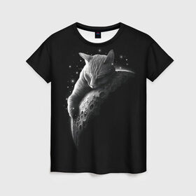 Женская футболка 3D с принтом Спящий Кот на Луне в Петрозаводске, 100% полиэфир ( синтетическое хлопкоподобное полотно) | прямой крой, круглый вырез горловины, длина до линии бедер | Тематика изображения на принте: вселенная | звезды | космос | котейка | котенок | котэ | котя | лапочка | луна | милый | мимими | ночь | прелесть | сон | спутник