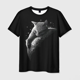 Мужская футболка 3D с принтом Спящий Кот на Луне в Петрозаводске, 100% полиэфир | прямой крой, круглый вырез горловины, длина до линии бедер | Тематика изображения на принте: вселенная | звезды | космос | котейка | котенок | котэ | котя | лапочка | луна | милый | мимими | ночь | прелесть | сон | спутник