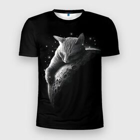 Мужская футболка 3D спортивная с принтом Спящий Кот на Луне в Петрозаводске, 100% полиэстер с улучшенными характеристиками | приталенный силуэт, круглая горловина, широкие плечи, сужается к линии бедра | вселенная | звезды | космос | котейка | котенок | котэ | котя | лапочка | луна | милый | мимими | ночь | прелесть | сон | спутник