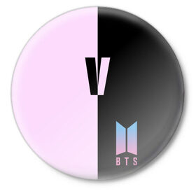 Значок с принтом BTS V в Петрозаводске,  металл | круглая форма, металлическая застежка в виде булавки | Тематика изображения на принте: bts | бтс | группа | корейская | музыка | розовый | цветы | черный