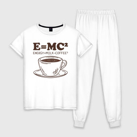 Женская пижама хлопок с принтом ENERGY = Milk and Coffee 2 в Петрозаводске, 100% хлопок | брюки и футболка прямого кроя, без карманов, на брюках мягкая резинка на поясе и по низу штанин | Тематика изображения на принте: cappuccino | espresso | latte | капучино | кофе | латте | молоко | ньютон | физика | формула | чашка | энергия | эспрессо