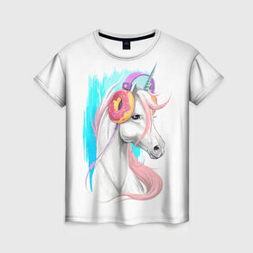 Женская футболка 3D с принтом Music Unicorn Art в Петрозаводске, 100% полиэфир ( синтетическое хлопкоподобное полотно) | прямой крой, круглый вырез горловины, длина до линии бедер | волшебный | единорог | единорожик | единорожка | магия | музыка | пончик | пончики