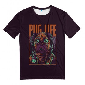 Мужская футболка 3D с принтом Pug Life в Петрозаводске, 100% полиэфир | прямой крой, круглый вырез горловины, длина до линии бедер | Тематика изображения на принте: 