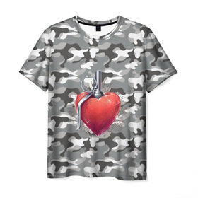 Мужская футболка 3D с принтом Граната в виде сердца в Петрозаводске, 100% полиэфир | прямой крой, круглый вырез горловины, длина до линии бедер | 