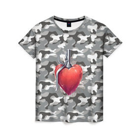Женская футболка 3D с принтом Граната в виде сердца в Петрозаводске, 100% полиэфир ( синтетическое хлопкоподобное полотно) | прямой крой, круглый вырез горловины, длина до линии бедер | 