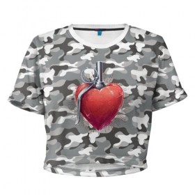 Женская футболка 3D укороченная с принтом Граната в виде сердца в Петрозаводске, 100% полиэстер | круглая горловина, длина футболки до линии талии, рукава с отворотами | 