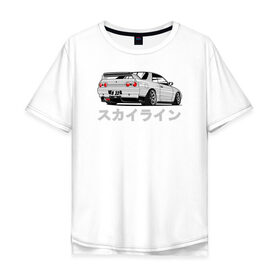 Мужская футболка хлопок Oversize с принтом R32 GODZILLA в Петрозаводске, 100% хлопок | свободный крой, круглый ворот, “спинка” длиннее передней части | godzilla | nissan | r32 | r33 | r34 | skyline | годзила | ниссан | скайлайн