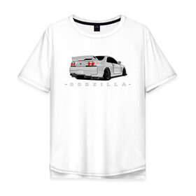 Мужская футболка хлопок Oversize с принтом R33 GODZILLA в Петрозаводске, 100% хлопок | свободный крой, круглый ворот, “спинка” длиннее передней части | godzilla | nissan | r32 | r33 | r34 | skyline | годзила | ниссан | скайлайн