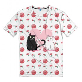 Мужская футболка 3D с принтом Милые котики в Петрозаводске, 100% полиэфир | прямой крой, круглый вырез горловины, длина до линии бедер | 14 февраля | влюбленность | влюбленные | день влюбленных | день святого валентина | кот | котики | коты | кошка | любовь | милые | романтика | романтическая | сердечки | сердце