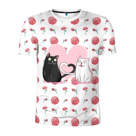 Мужская футболка 3D спортивная с принтом Милые котики в Петрозаводске, 100% полиэстер с улучшенными характеристиками | приталенный силуэт, круглая горловина, широкие плечи, сужается к линии бедра | 14 февраля | влюбленность | влюбленные | день влюбленных | день святого валентина | кот | котики | коты | кошка | любовь | милые | романтика | романтическая | сердечки | сердце