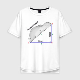 Мужская футболка хлопок Oversize с принтом Гиппопотинуза в Петрозаводске, 100% хлопок | свободный крой, круглый ворот, “спинка” длиннее передней части | гиппопотам. гипотенуза. катет | теорема | треугольник | угол. геометрия. математика. школа