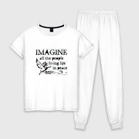 Женская пижама хлопок с принтом Imagine в Петрозаводске, 100% хлопок | брюки и футболка прямого кроя, без карманов, на брюках мягкая резинка на поясе и по низу штанин | john lennon | peace | the beatles