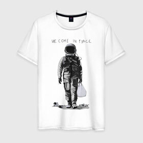Мужская футболка хлопок с принтом Мы пришли с миром в Петрозаводске, 100% хлопок | прямой крой, круглый вырез горловины, длина до линии бедер, слегка спущенное плечо. | Тематика изображения на принте: арт | космонавт | космос | мир | мусор | экология
