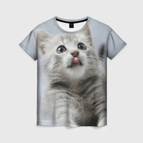 Женская футболка 3D с принтом Котенок в Петрозаводске, 100% полиэфир ( синтетическое хлопкоподобное полотно) | прямой крой, круглый вырез горловины, длина до линии бедер | голова | животные | кот | котенок | котик | кошка | мордочка | природа | язык