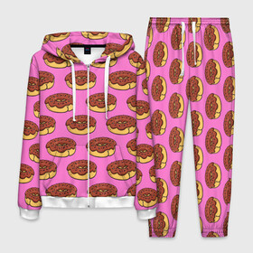Мужской костюм 3D с принтом Пончики Паттерн в Петрозаводске, 100% полиэстер | Манжеты и пояс оформлены тканевой резинкой, двухслойный капюшон со шнурком для регулировки, карманы спереди | donut | вкусный | вкусняшка | еда | пончик | розовый